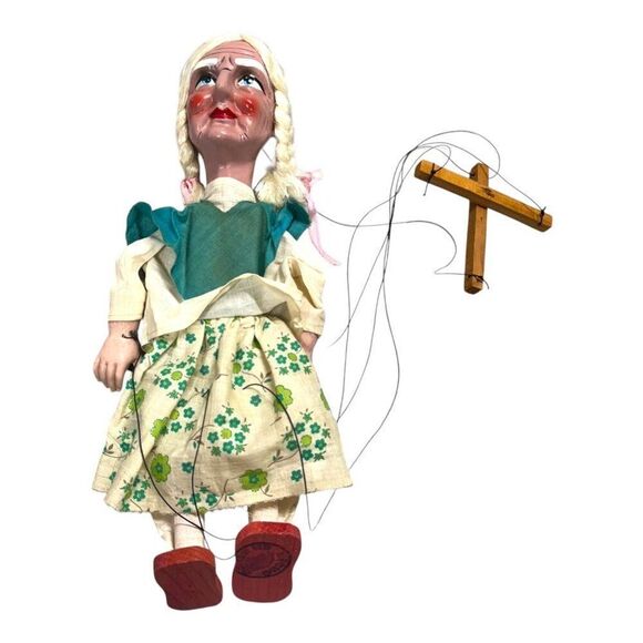 VTG Handmade Czech Marionette Puppet Grandma Blonde Grey Hair Braid Floral Dress - Picture 2 of 10